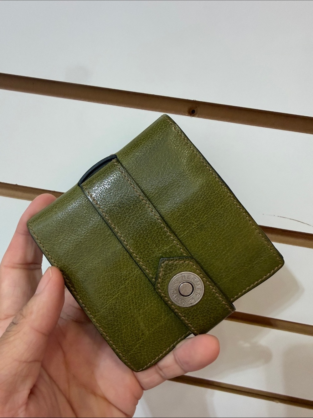 Hermes Olive Green Leather Bifold Wallet with Snap